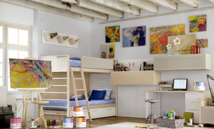 Dizaina iespējas bērnu istabai ar divstāvu gultu