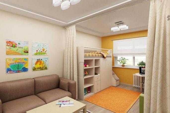 Dzīvojamās istabas-bērnu istabas dizains vienā istabā: 3 komforta nosacījumi bērnam
